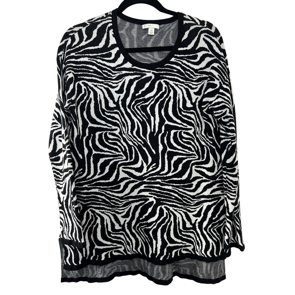 Est.‎ 1946 Womens Zebra Print Crew Neck High-Low Knit Sweater Black White Medium